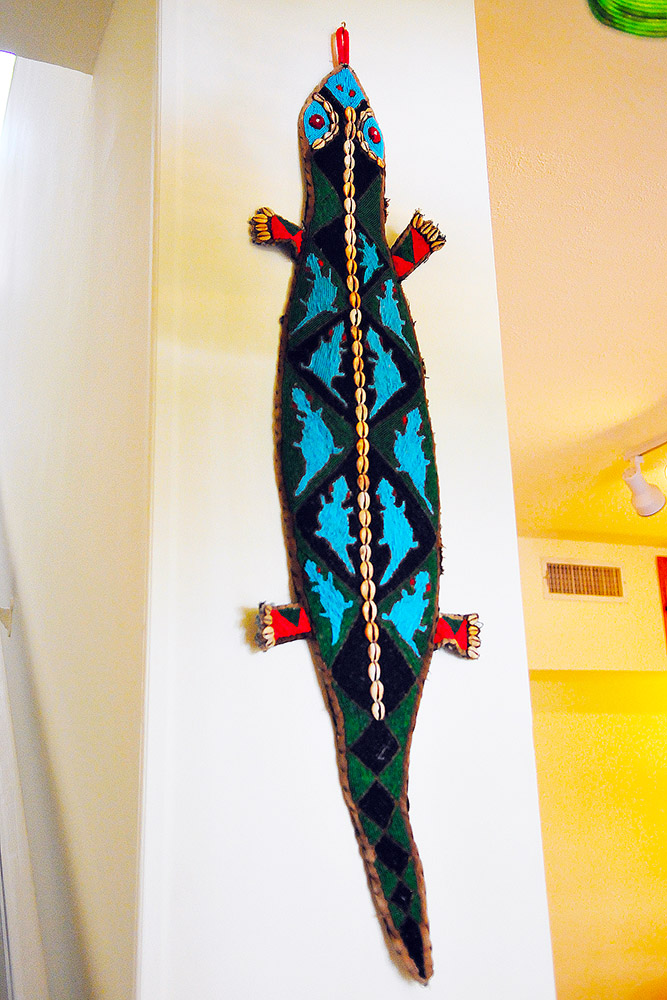 African Dreaming Lizard--beadwork on cloth (Lobby)